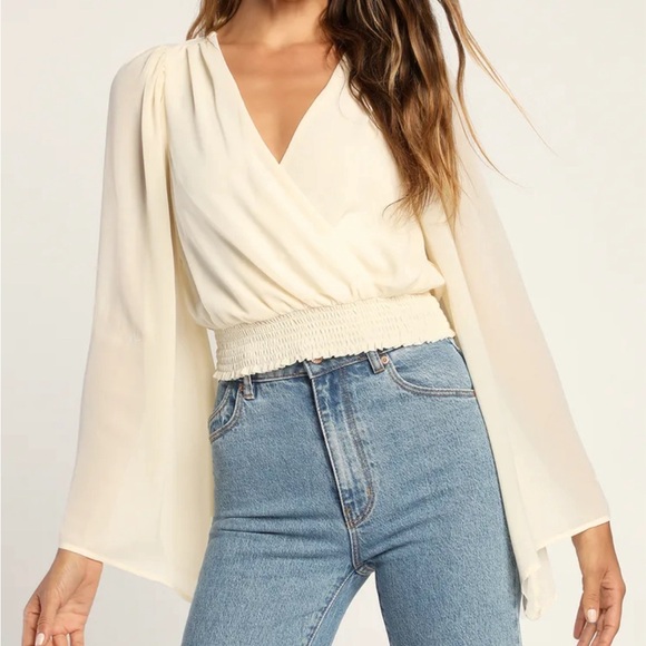 Lulus Tops - lulus Aura Ivory Smocked Long Flutter Sleeve chiffon top w/elastic waist Size S